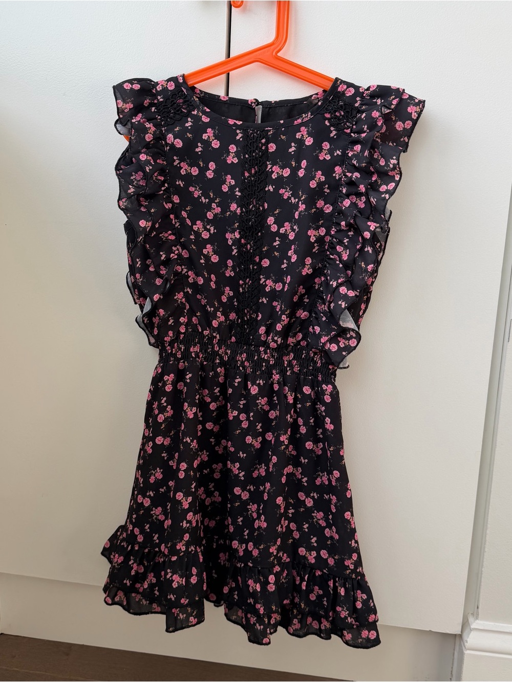 Girls' Black Dress with Pink Floral Ruffles